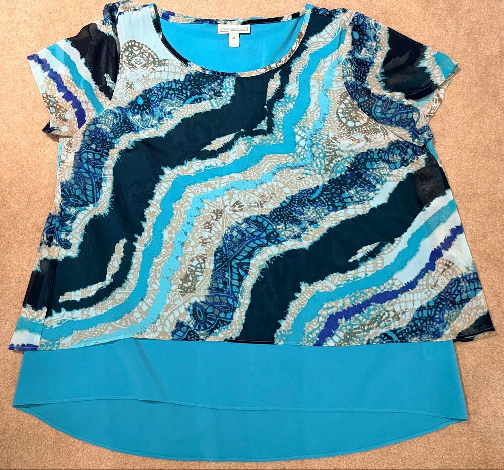 Dana Buchman Women's Blue Abstract Print Layered Short Sleeve Blouse Size XL
